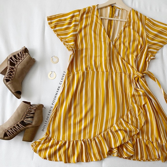 Golden Yellow & White Stripe Mini Wrap Dress - Picture 2 of 9